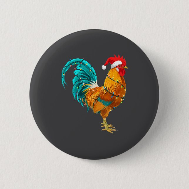 Funny Rooster Chicken Santa Christmas Lights Farme Button (Vorderseite)