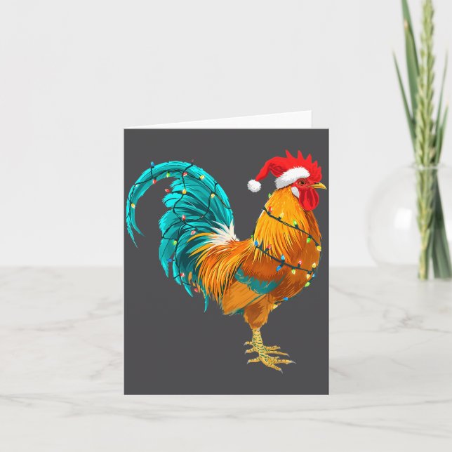 Funny Rooster Chicken Santa Christmas Lights Farme Karte (Vorderseite)