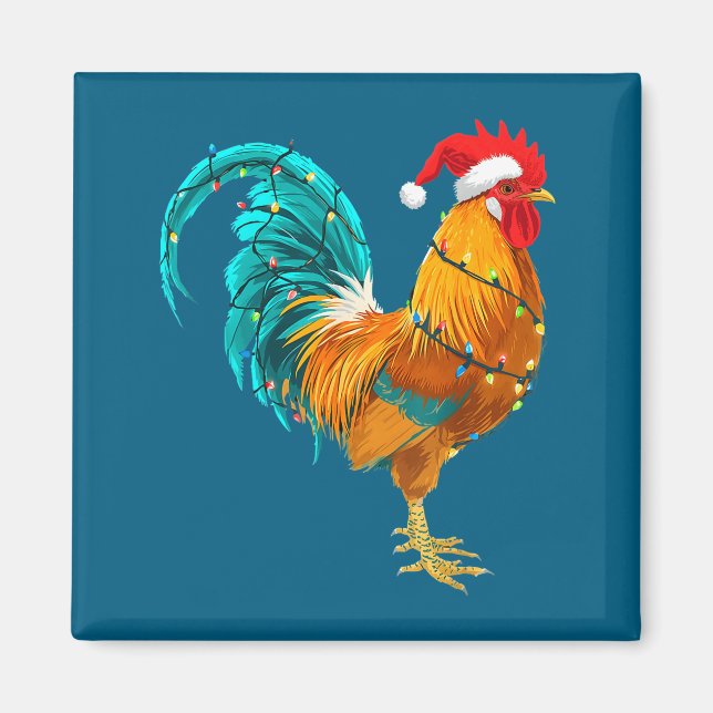 Funny Rooster Chicken Santa Christmas Lights Farme Magnet (Vorne)