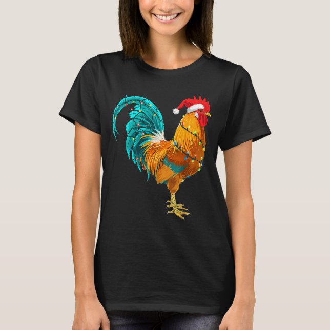 Funny Rooster Chicken Santa Christmas Lights Farme T-Shirt (Vorderseite)