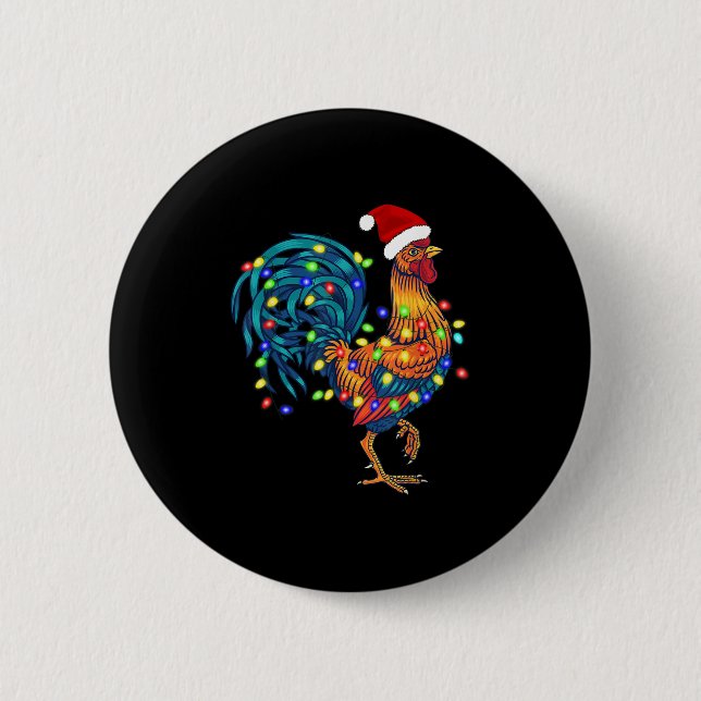 Funny Rooster Chicken Weihnachtsbeleuchtung Pajama Button (Vorderseite)