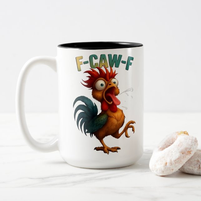 Funny Rooster Gift – F-Caw-F Chicken Design Zweifarbige Tasse (Mit Donut)