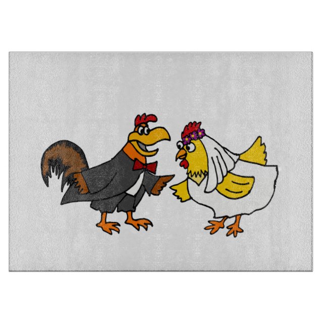 Funny Rooster Groom und Hen Bride Wedding Schneidebrett (Vorderseite)