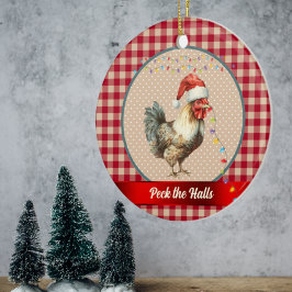 Funny Rooster Peck die Hallen Weihnachts-Lichter Keramik Ornament