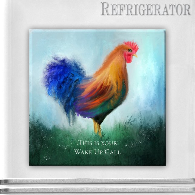 Funny Rooster Personalisiert Magnet (Funny magnet featuring an original painting of a colorful rooster in a grass field)