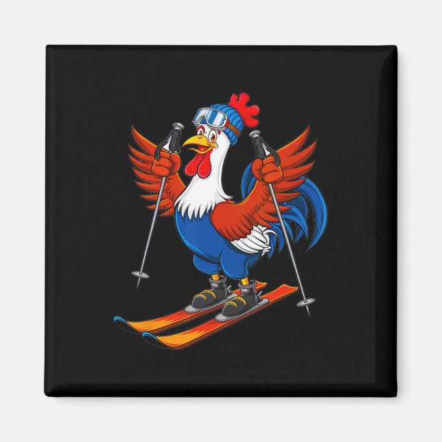 Funny Rooster Skiing Adventure Cartoon  Magnet (Vorne)