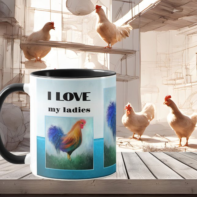 Funny Rooster Turquoise Kaffeetasse (Funny mug featuring a turquoise and light blue design with original paintings of a rooster.)