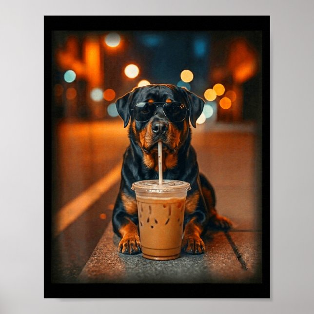 Funny rottweiler drinking iced coffee lover dog poster (Vorne)
