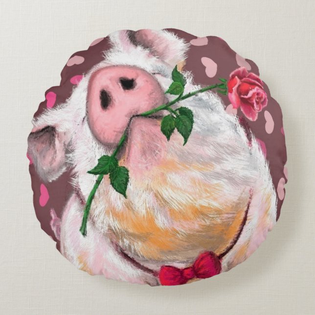Funny Round Pillow Gentleman Pig mit Rose Rundes Kissen (Vorderseite)