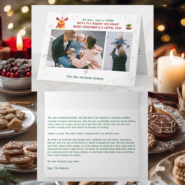 Funny Rudolph Oh Deer Frohe Weihnachts-Fotos Niedl Karte (Cute Funny Elegant Oh Deer What a Year Rudolph Snow Merry Christmas Joyful New Year 2 Photos Letter)