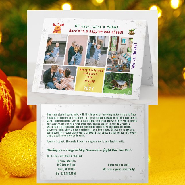 Funny Rudolph Oh Deer Wir haben 6 Fotos modernisie Karte (Funny Rudolph Oh deer what a year Christmas card. 6 Photos. Peace, love, joy. We've Moved. Cute snow)