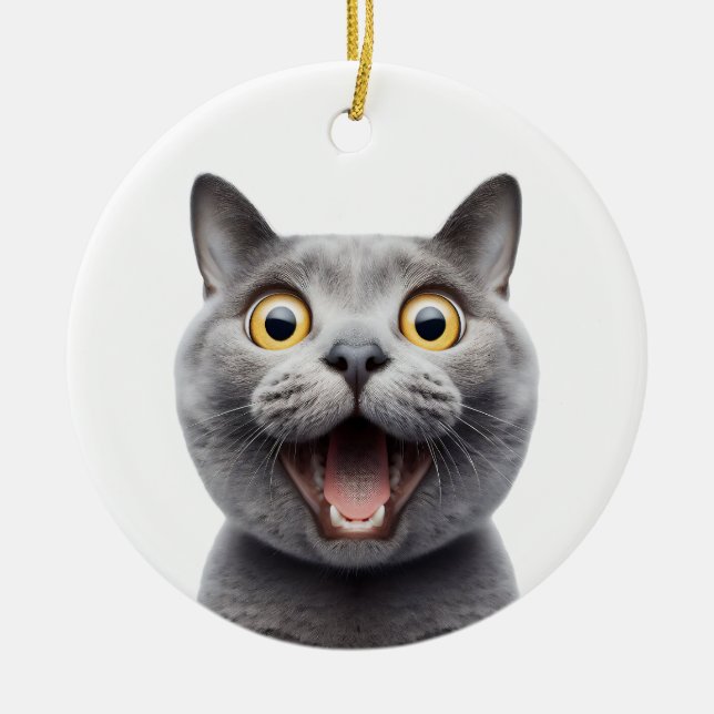 FUNNY RUSSIAN BLUE GRAY CAT ÜBERRASCHTE KATZE KERAMIK ORNAMENT (Vorne)