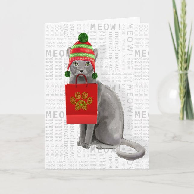 Funny Russian Blue Gray Christmas Cat Karte (Vorderseite)
