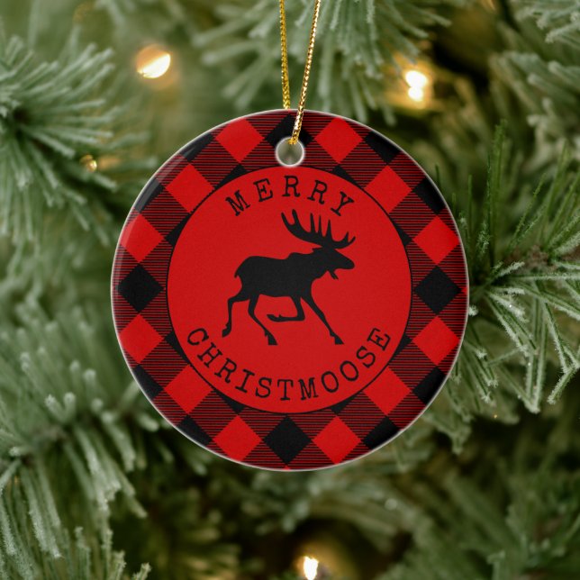 Funny Rustic Merry Christmoose Red Kariert Keramik Ornament (Baum)