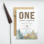 Funny Rustic One Happy Camper Rente Einladung<br><div class="desc">Diese lustige rustikale Einladung hat ein Holz getafelt "ONE" und glücklichen Camper. Der Boden hat einen Aquarellwald,  Berge und Landschaft. Es ist mit den bräunlichen,  grünen und braunen Camping,  die ein Zelt und einen Kamin enthalten,  geschmückt. Der Rücken hat ein Muster des gleichen Aquarellzeltes.</div>