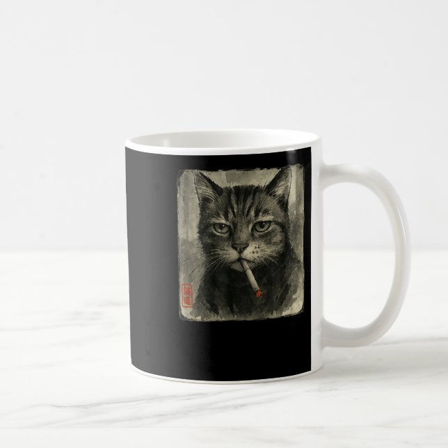 Funny Sad Cat Rauchen Zigarette Meme Lover Sumi-e Kaffeetasse (Rechts)