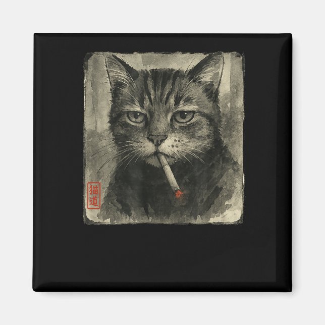 Funny Sad Cat Rauchen Zigarette Meme Lover Sumi-e Magnet (Vorne)