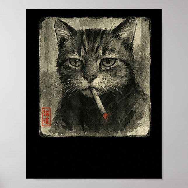 Funny Sad Cat Rauchen Zigarette Meme Lover Sumi-e Poster (Vorne)