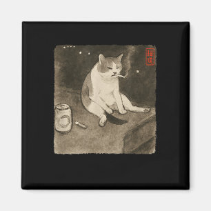 Funny Sad Cat Smoking Meme Sumi-e Japanisch Art Ki Magnet