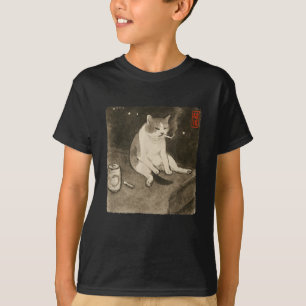 Funny Sad Cat Smoking Meme Sumi-e Japanisch Art Ki T-Shirt