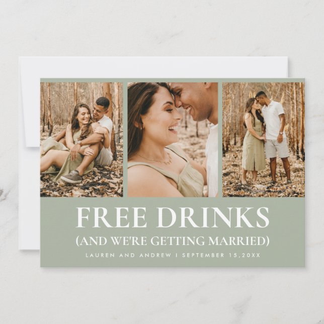 Funny Sage Green Free Drinks Moderne Foto Hochzeit Save The Date (Vorderseite)
