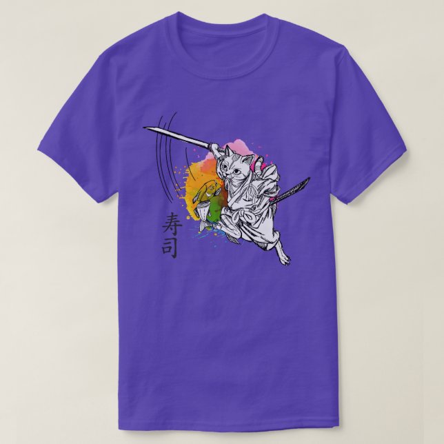Funny Samurai Cat Making Sushi (Japanese Signs)  T-Shirt (Design vorne)