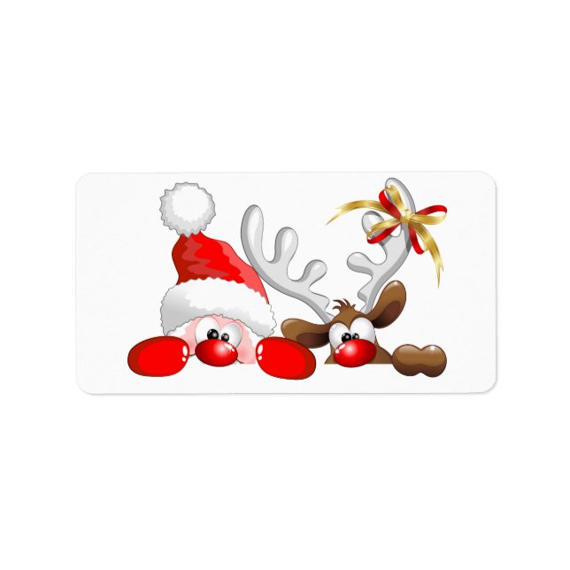 Funny Santa and Reindeer Cartoon Adressaufkleber (Vorne)