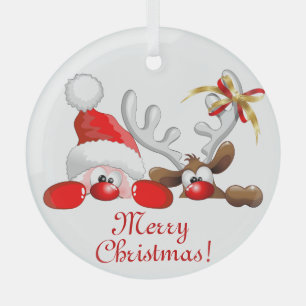 Funny Santa and Reindeer Cartoon Ornament Aus Glas