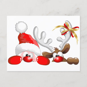 Funny Santa and Reindeer Cartoon Postkarte