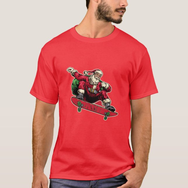 Funny Santa auf Red Skateboard Frohe Weihnachten T-Shirt (Vorderseite)