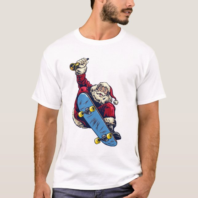 Funny Santa auf Skateboard Frohe Weihnachtsfeierta T-Shirt (Vorderseite)