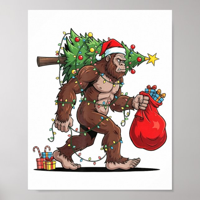 Funny Santa Bigfoot Christmas Tree Lights Xmas Boy Poster (Vorne)