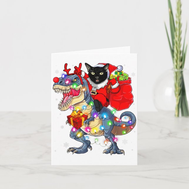 Funny Santa Cat Riding Dinosaur Christmas Lights  Karte (Vorderseite)
