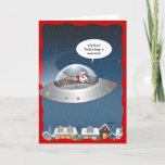 Funny Santa Claus Alien Weihnachten<br><div class="desc">Weihnachtskarten vom Weihnachtsmann, die mit Ihrem eigenen, maßgeschneiderten Zitat-Bubentext personalisiert werden können! Dieses einzigartige Comic-Design von Raphaela Wilson zeigt den Weihnachtsmann und Rudolph, den roten Nasenrentier, der hoch über einem Viertel in einem silbernen Flieger-Untertasse aufsteigt. Die Zitatblase des Weihnachtsmanns lautet: "Woohoo! Technologie ist phantastisch!", aber wenn Sie etwas Anderes ganz...</div>