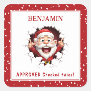 Funny Santa Claus bricht durch Name Weihnachten Quadratischer Aufkleber