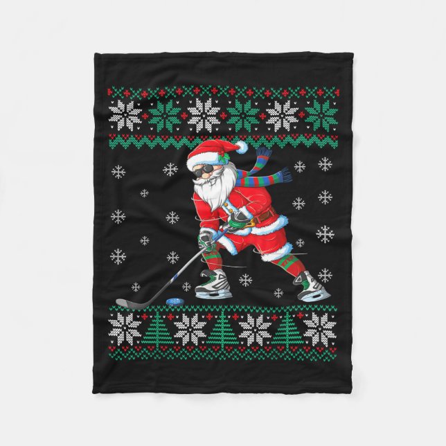 Funny Santa Claus Christmas Ice Hockey Ugly Sweate Fleecedecke (Vorderseite)