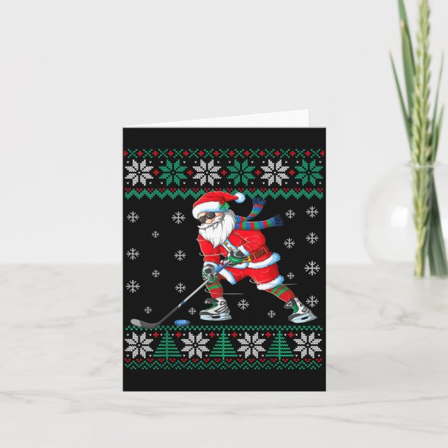 Funny Santa Claus Christmas Ice Hockey Ugly Sweate Karte (Vorderseite)