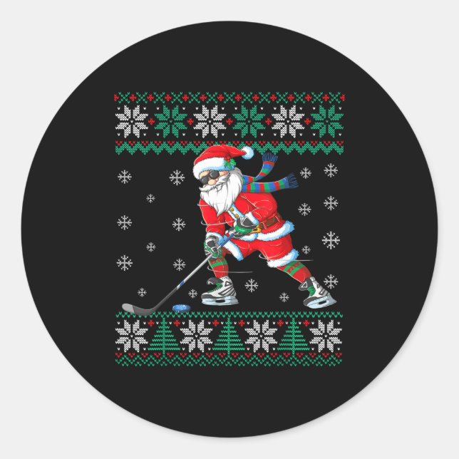 Funny Santa Claus Christmas Ice Hockey Ugly Sweate Runder Aufkleber (Vorderseite)