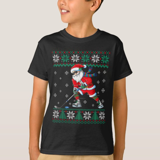 Funny Santa Claus Christmas Ice Hockey Ugly Sweate T-Shirt (Vorderseite)
