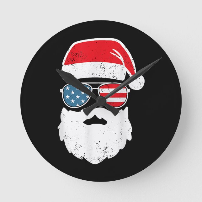 Funny Santa Claus Gesicht Sonnenbrille Patriotic A Runde Wanduhr (Vorderseite)