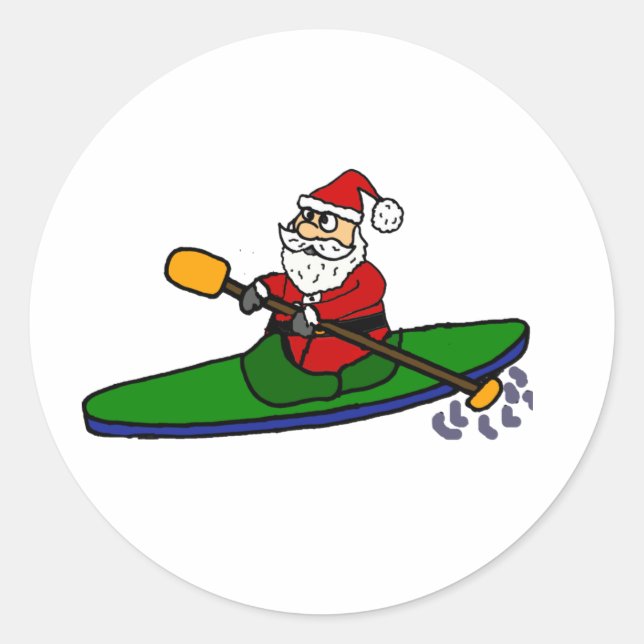 Funny Santa Claus Kayaking Weihnachts-Cartoon Runder Aufkleber (Vorderseite)