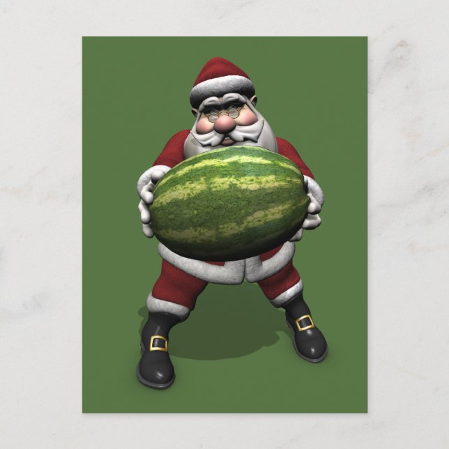Funny Santa Claus mit Riesenmelon Feiertagspostkarte (Vorderseite)