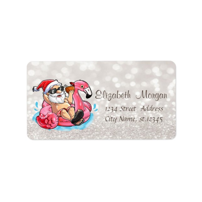 Funny Santa Claus, Pink Flamingos Glittery Boke Adressaufkleber (Vorne)