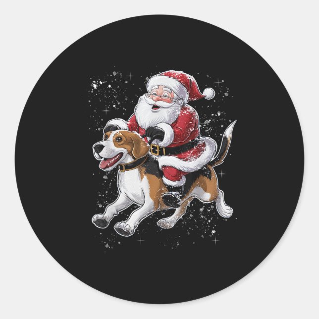 Funny Santa Claus Riding Beagle Weihnachten Weihna Runder Aufkleber (Vorderseite)