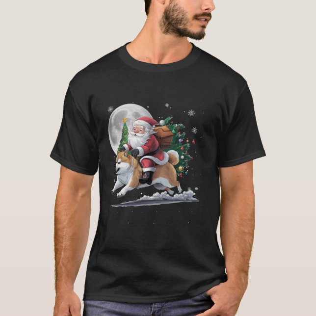 Funny Santa Claus Riding Shiba Inu Dog Tree Lights T-Shirt (Vorderseite)