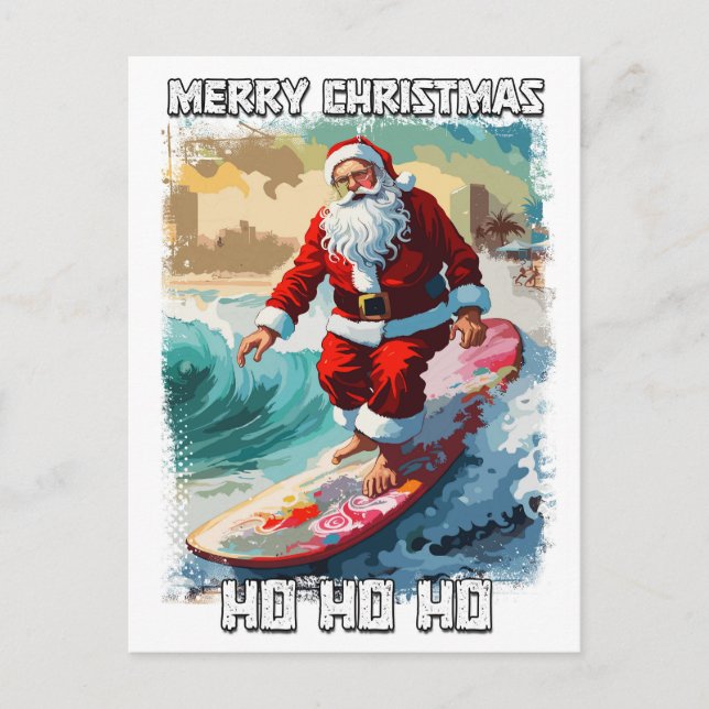 Funny Santa Claus surfen im Sommer Pop Kunst Postkarte (Vorderseite)