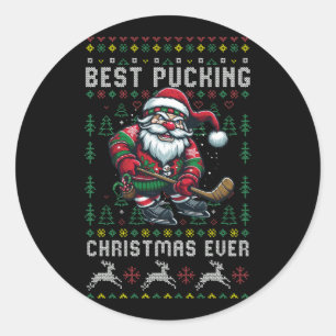 Funny Santa Claus Ugly Christmas Ice Hockey Best P Runder Aufkleber