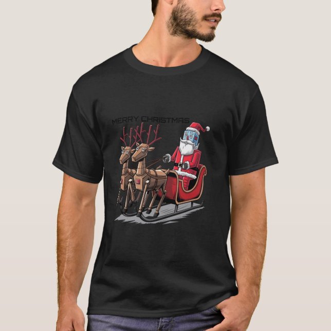 Funny Santa Claus und Reindeer Sleigh Robot Christ T-Shirt (Vorderseite)