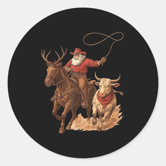 Funny Santa Cowboy Rodeo Reindeer Western Horse Ro Runder Aufkleber (Vorderseite)