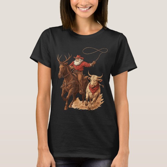 Funny Santa Cowboy Rodeo Reindeer Western Horse Ro T-Shirt (Vorderseite)